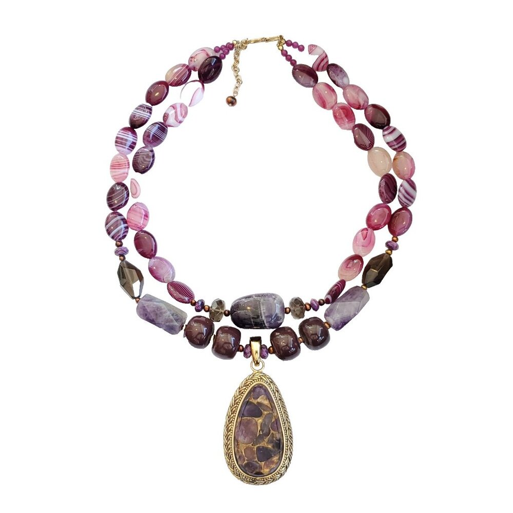 Barse Beaded Pendant Necklace Chunky Layered Purple Stone Gold Tone Statement - Picture 2 of 6